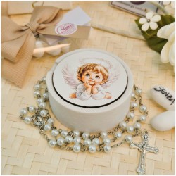 Bomboniera Sacra Angioletto Custode Scatolina in Pietra leccese e marmo con rosario
