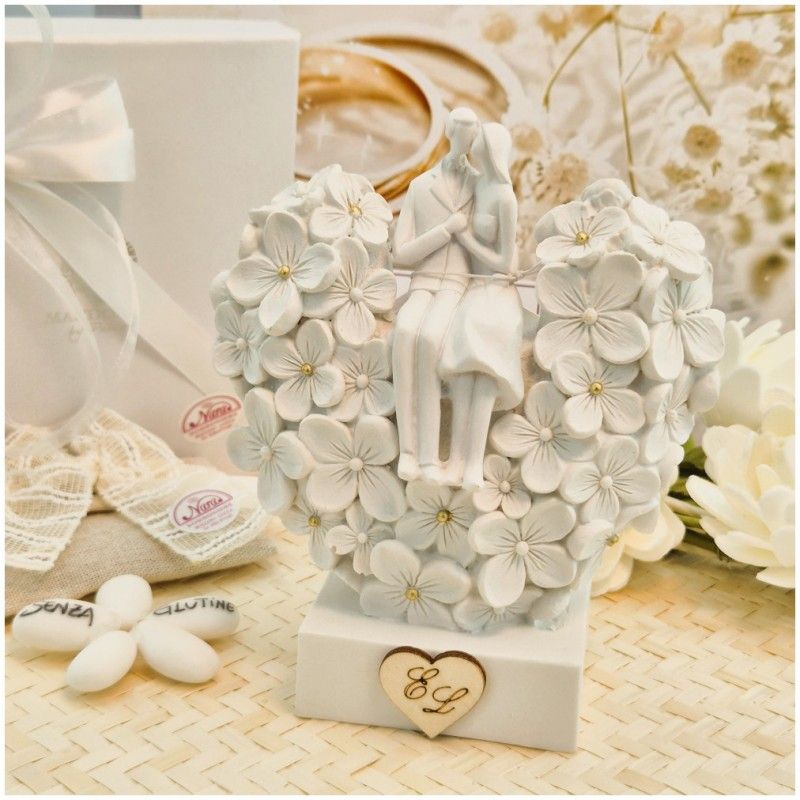 Bomboniera Matrimonio Vaso Cuore in Fiore con Sposi e Dettagli Oro