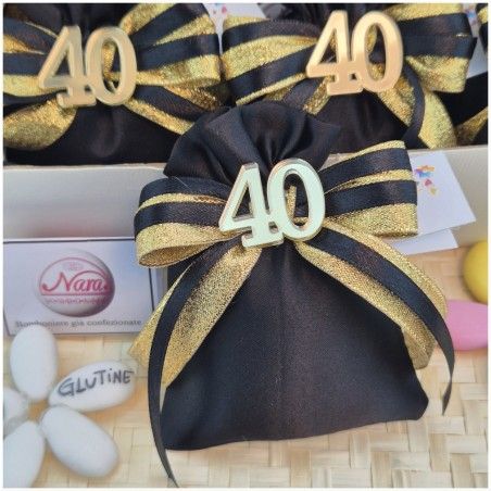 Bomboniera 40° Compleanno Sacchetto Nero e Oro con Numero Specchiato Ideale Segnaposto
