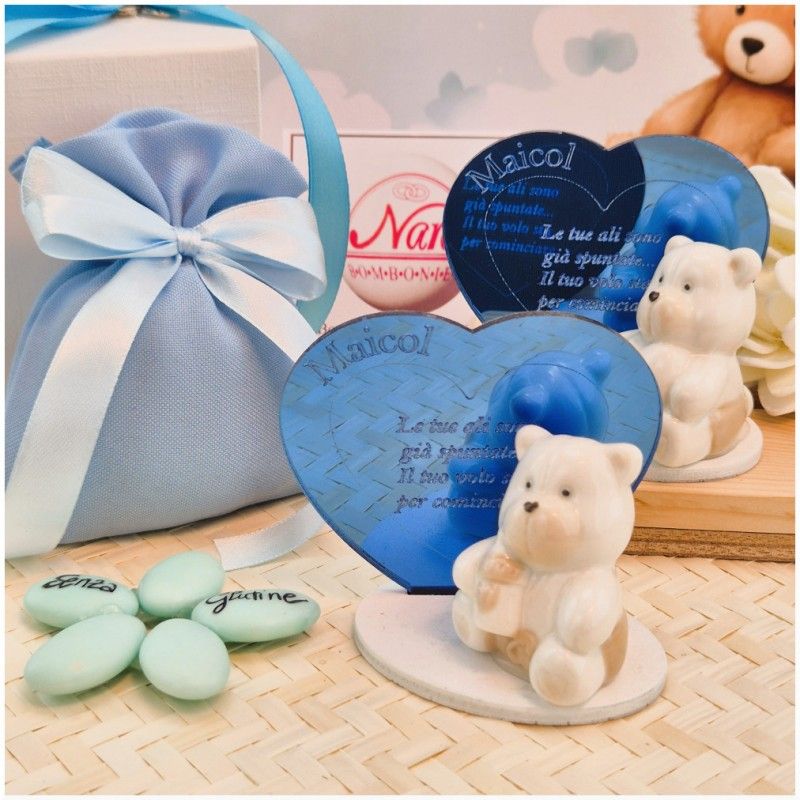 Bomboniera Battesimo orsetto per maschio in porcellana con cuore personalizzato