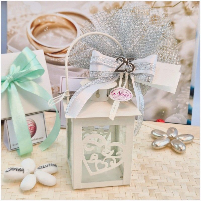 Bomboniera Nozze d'Argento Lanterna con Cuore e Numero 25 Argentato