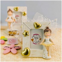 Bomboniera Comunione Portafoto Ballerina Sogno d'Oro con Cornice Effetto Legno