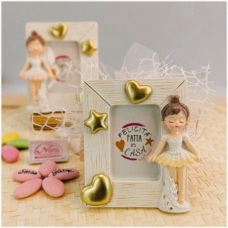 Bomboniera Comunione Portafoto Ballerina "Sogno d'Oro" con Cornice Effetto Legno