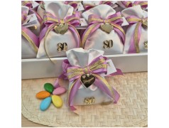 Bomboniera 80° Compleanno Donna Sacchetto Raso con Numero Oro e Cuore Personalizzato