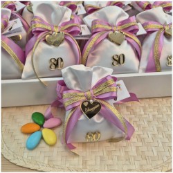 Bomboniera 80° Compleanno Donna Sacchetto Raso con Numero Oro e Cuore Personalizzato