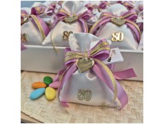 Bomboniera 80° Compleanno Donna Sacchetto Raso con Numero Oro e Cuore Personalizzato