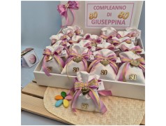Bomboniera 80° Compleanno Donna Sacchetto Raso con Numero Oro e Cuore Personalizzato