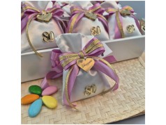 Bomboniera 80° Compleanno Donna Sacchetto Raso con Numero Oro e Cuore Personalizzato