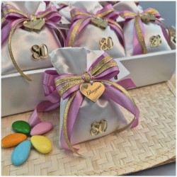 Bomboniera 80° Compleanno Donna Sacchetto Raso con Numero Oro e Cuore Personalizzato