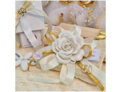 Bomboniera Nozze d'Oro Cuscino Profumato con Rosa Bianca e Numero 50