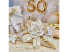 Bomboniera Nozze d'Oro Cuscino Profumato con Rosa Bianca e Numero 50