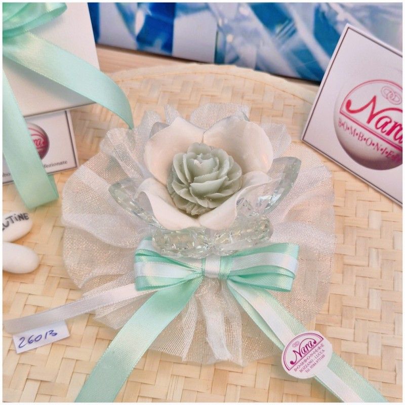 Bomboniera Matrimonio Debora Carlucci Fiore Piccolo in Cristallo e Porcellana Bianca con Fiore Candelina