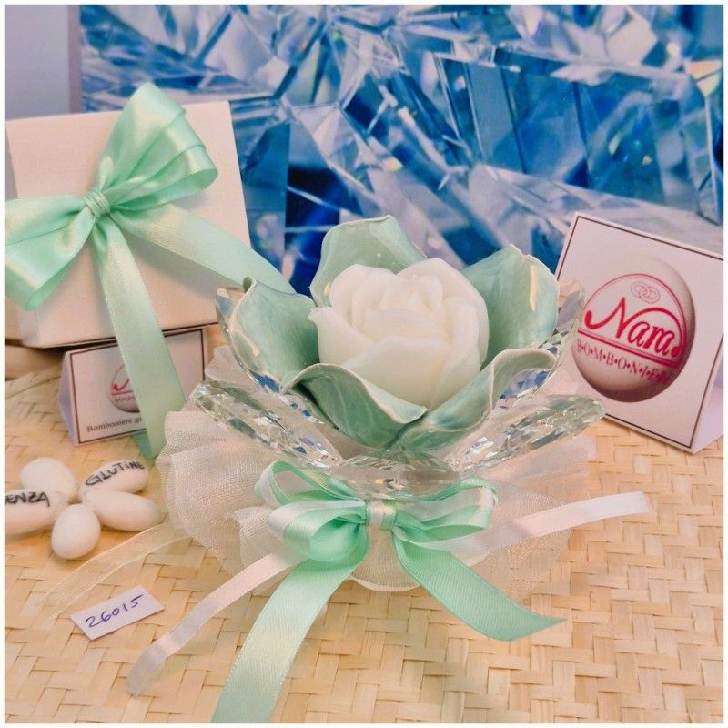Bomboniera Matrimonio Debora Carlucci Fiore Grande in Cristallo e Porcellana Tiffany con Fiore Candelina