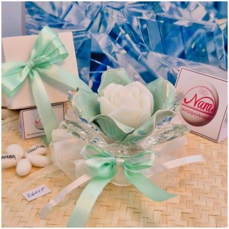 Bomboniera Matrimonio Debora Carlucci Fiore Grande in Cristallo e Porcellana Tiffany con Fiore Candelina