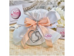 Bomboniera Matrimonio Sacchetto Raso con Portachiavi Doppio Cuore Strass (Ideale Segnaposto)