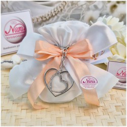 Bomboniera Matrimonio Sacchetto Raso con Portachiavi Doppio Cuore Strass (Ideale Segnaposto)