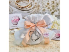 Bomboniera Matrimonio Sacchetto Raso con Portachiavi Doppio Cuore Strass (Ideale Segnaposto)