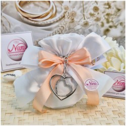 Bomboniera Matrimonio Sacchetto Raso con Portachiavi Doppio Cuore Strass (Ideale Segnaposto)