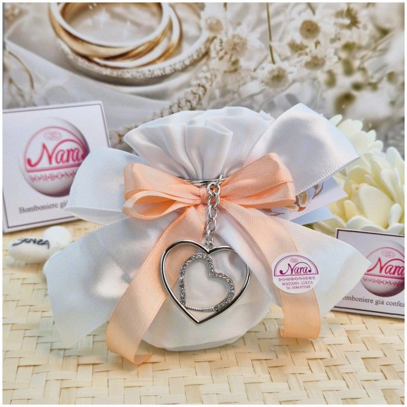 Bomboniera Matrimonio Sacchetto Raso con Portachiavi Doppio Cuore Strass (Ideale Segnaposto)