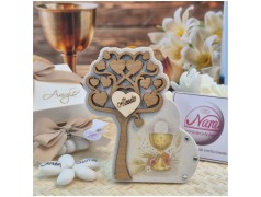 Bomboniera Comunione Albero della Vita in Pietra e Legno con Calice e Nome