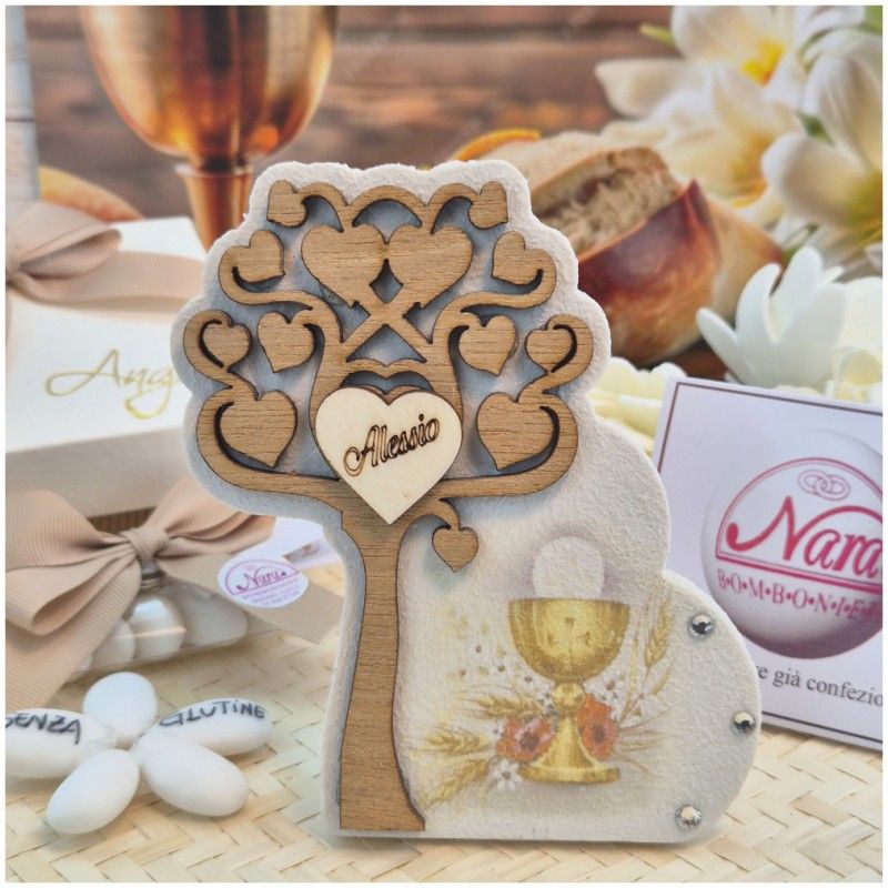 Bomboniera Comunione Albero della Vita in Pietra e Legno con Calice e Nome