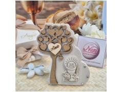 Bomboniera Comunione Albero della Vita in Pietra e Legno con Calice bassorilievo e Nome
