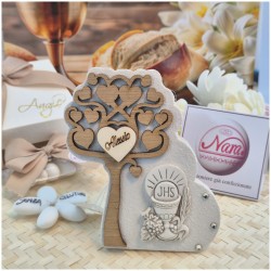 Bomboniera Comunione Albero della Vita in Pietra e Legno con Calice bassorilievo e Nome