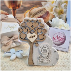 Bomboniera Comunione Albero della Vita in Pietra e Legno con Calice bassorilievo e Nome