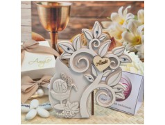 Bomboniera Comunione Albero della Vita in Pietra Leccese con Calice e Nome Personalizzato