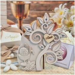 Bomboniera Comunione Albero della Vita in Pietra Leccese con Calice e Nome Personalizzato