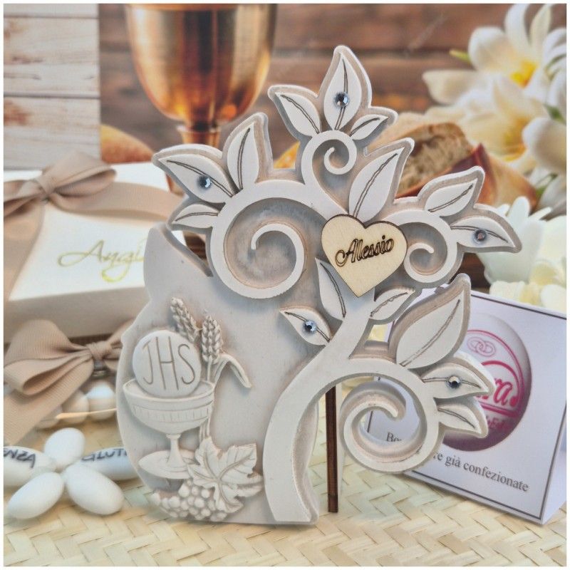 Bomboniera Comunione Albero della Vita in Pietra Leccese con Calice e Nome Personalizzato