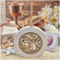 Bomboniera Matrimonio Profumatore Tondo in Pietra con Nomi degli Sposi Intagliati in Legno