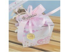 foto scatola confezionata Bomboniera battesimo profumatore orsetto rosa con fiocco rosa