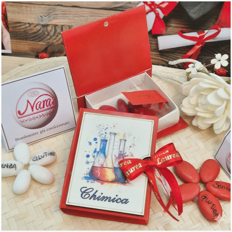 Bomboniera Laurea Chimica e CTF Scatolina Libro con Alambicchi e Provette