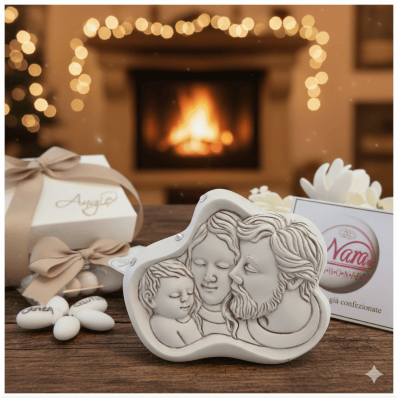 Bomboniera Battesimo e Matrimonio Icona Sacra Famiglia in Pietra Leccese con Strass