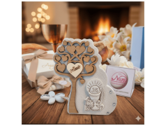 Bomboniera Comunione Albero della Vita in Pietra e Legno con Calice bassorilievo e Nome