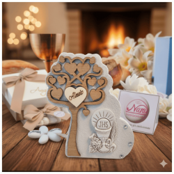 Bomboniera Comunione Albero della Vita in Pietra e Legno con Calice bassorilievo e Nome