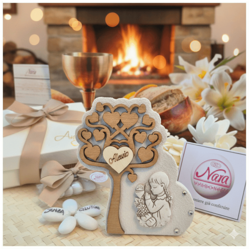 Bomboniera Comunione Albero della Vita in Pietra e Legno con bambina in preghiera e Nome