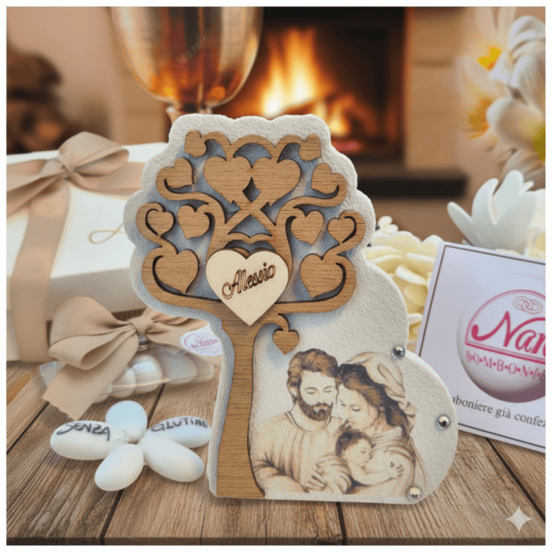 Bomboniera Matrimonio e Battesimo Albero della Vita in Pietra con Sacra Famiglia