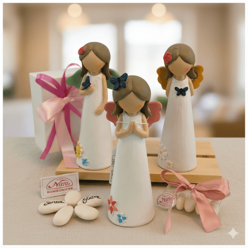 Bomboniera Cuorematto Angelo Naif con Farfalle e Fiori statuina media e grande