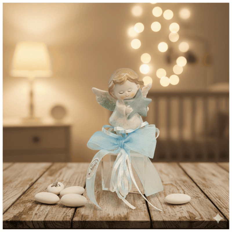 Bomboniera Battesimo Bimbo Angelo Custode con Stella su Scatola Trasparente