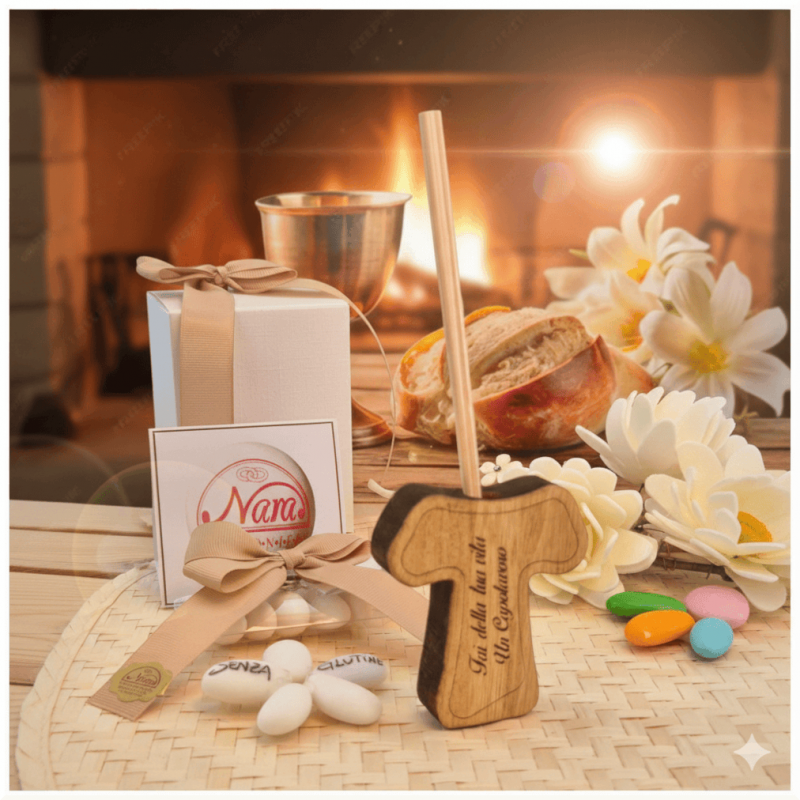 Bomboniera Comunione e Cresima Profumatore Tau in Legno con Frase Capolavoro