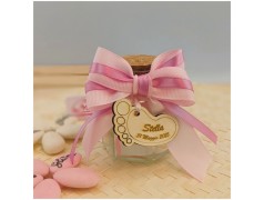 Bomboniera Nascita e Battesimo Barattolino Vetro con Piedino in Legno Personalizzato