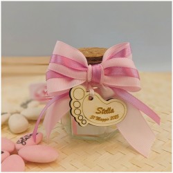 Bomboniera Nascita e Battesimo Barattolino Vetro con Piedino in Legno Personalizzato