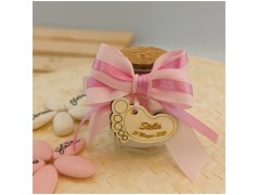 Bomboniera Nascita e Battesimo Barattolino Vetro con Piedino in Legno Personalizzato