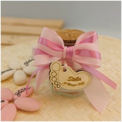 Bomboniera Nascita e Battesimo Barattolino Vetro con Piedino in Legno Personalizzato