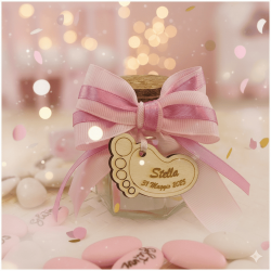 Bomboniera Nascita e Battesimo Barattolino Vetro con Piedino in Legno Personalizzato