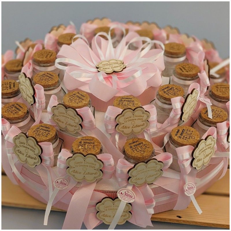 Torta di Barattolini rosa Bomboniere quadrifoglio personalizzato