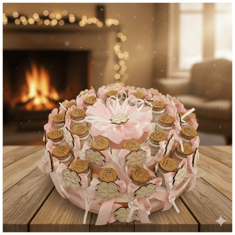 Torta di Barattolini rosa Bomboniere quadrifoglio personalizzato