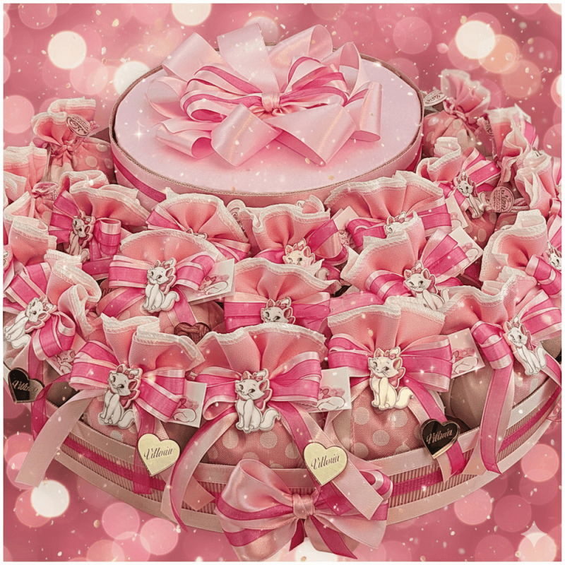 Torta Bomboniere Nascita e Battesimo Bimba Tema Gattina Marie con Nome Personalizzato